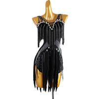 Robe de danse une pièce à double bretelle avec strass et pompons pour la compétition de danse latine