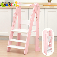 Tour d'apprentissage pliable rose pour tout-petits, tabouret d'aide en cuisine, marchepied en bois pour enfants, gain de place