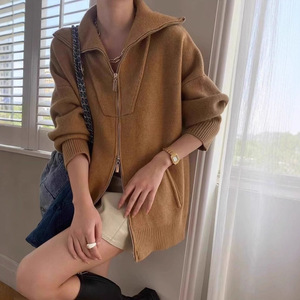Abrigo de punto con cuello y doble cremallera para mujer, estilo nuevo de otoño/invierno, chaqueta oversize de talla grande a la moda - Product Image 3
