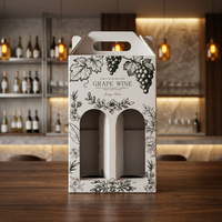 Boîte cadeau pliable personnalisée en carton ondulé pour 2 bouteilles de vin rouge avec poignée, fenêtre découpée, impression CMYK