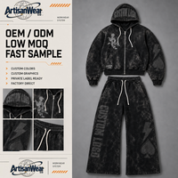 Ensemble mode personnalisé pour homme : sweat à capuche zippé noir délavé style vintage et pantalon de survêtement large à cordon avec détail motif cartes – OEM ODM