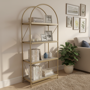 Bibliothèque à 4 niveaux avec cadre en métal doré Conception en forme d'arc Assemblage facile Étagères pliantes en bois de fer pour bibliothèque moderne pour le rangement de la salle de bain - Product Image 2