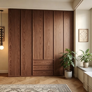 Armoire en bois de chêne et rotin, organisateur de tiroirs pour chambre à coucher, armoire haute, grande capacité - Product Image 1
