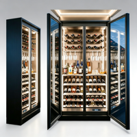 Cave à vin de luxe à double porte vitrée, température constante, compresseur, étagères en bois massif et acier, pour bar à domicile et présentation commerciale