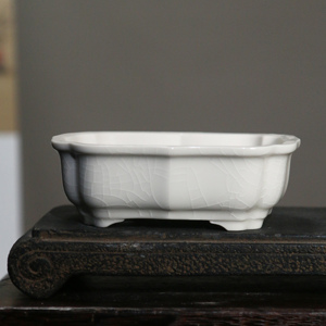 กระถางบอนไซเซรามิกทรงสี่เหลี่ยมขนาดเล็กสีขาวเคลือบลายแตกสไตล์จีน - Product Image 1