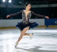 Robe de patinage artistique bleu marine foncé à manches longues, col en V profond, dos ouvert, jupe en maille ornée de strass pour filles et adultes, compétition et performance