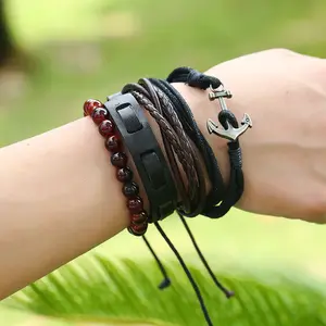 Multi-Layer Gelang Setelan Diy Sederhana Retro Dikepang Jangkar Tali Kulit Tali Tangan Gelang Kulit Homme Bijou