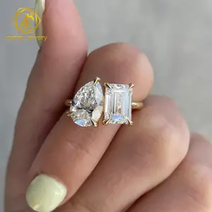 Oro giallo 14K D colore VVS pera e smeraldo pietra diamante 2CT 3CT Toi Et Moi doppia impostazione Moissanite anello di nozze per le donne