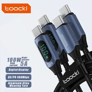 Toocki kabel data pengisian daya cepat, kabel data pengisian daya cepat, tampilan digital nilon kepang 100w untuk ponsel