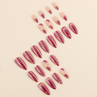 Faux ongles longs en amande à presser, motif serpent dégradé rouge bordeaux et accents de strass, vente en gros