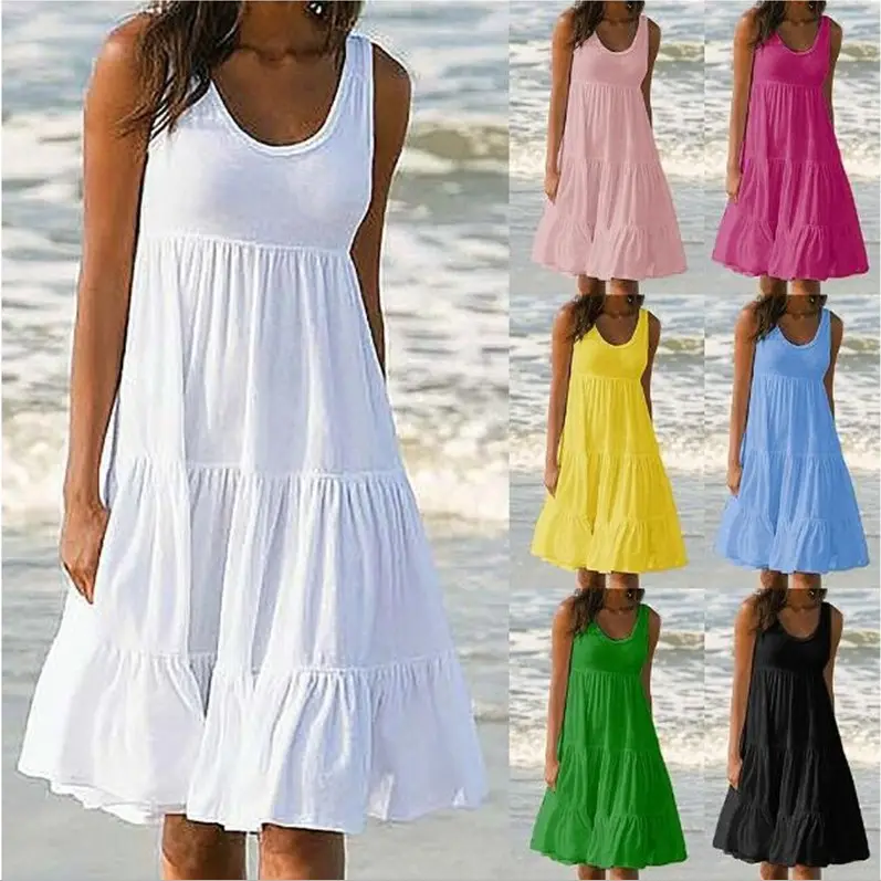 Womens Holiday ฤดูร้อนสีทึบกระเป๋า U-คอ Sundress ผู้หญิงฤดูร้อนชุดลำลองหลวมๆแฟชั่น Plus ขนาด S-5XL