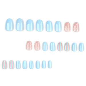 <span class=keywords><strong>Faux</strong></span> ongles courts à presser en PMMA, <span class=keywords><strong>bleu</strong></span> <span class=keywords><strong>pastel</strong></span> et rose, réutilisables, motif rayé, flexibles et résistants - Product Image 2