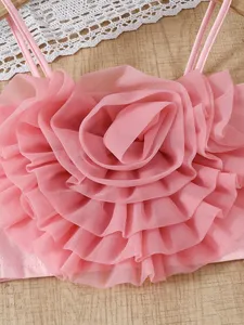 Toptan Bebek Kız Giyim Seti Kolsuz Fırfırlı Tül Çiçekli Tişört + Boncuklu Kot Şort 2 Parça Kıyafet Seti - Product Image 6