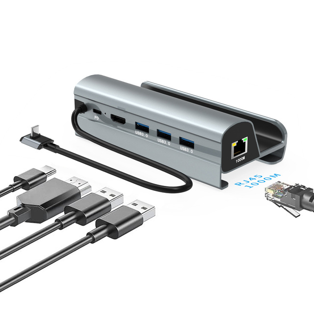 6-in-1 Aluminum Alloy Docking Station USB3.0*3+HDTV 4K +PD charging+1000mpbs ethernet USB C HUB Compatible and Durable