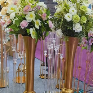 Accesorios para Bodas, Guía de Decoración de Mesa de Comedor, <span class=keywords><strong>Centro</strong></span> de Mesa Dorado con Flores, de Acero Inoxidable Electrochapado - Product Image 5