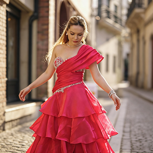 <span class=keywords><strong>Abito</strong></span> da sera <span class=keywords><strong>lungo</strong></span> monospalla in <span class=keywords><strong>organza</strong></span> fucsia con strass di cristallo, perle e perline, a balze, con spacco alto, per ballo di fine anno, matrimonio o feste formali - Product Image 5