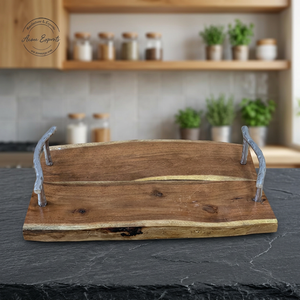 Handcrafted Acacia Wood Resin Tray with Metal Handles Economical Wedding Barware Serving Trays for Kitchen & Home Storage - Product Image 1