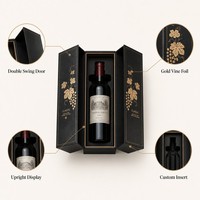 Boîte à vin personnalisée à double porte battante, boîte rigide noire avec porte ouvrable en feuille d'or, emballage de présentation pour bouteille de vin