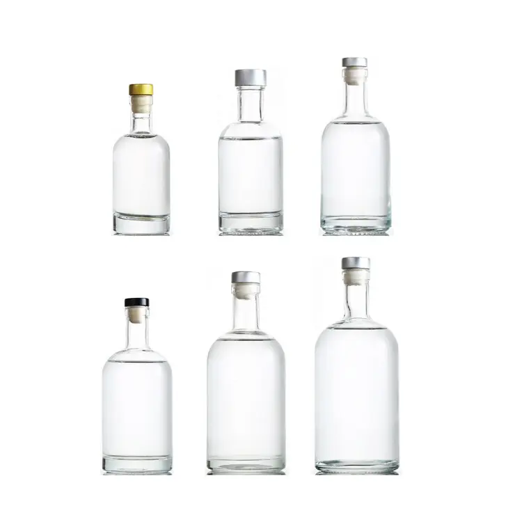 100ml 200ml 375ml 500ml 750ml 1000ml Transparente runde leere Flint glas Schnaps Wein Whisky Wodka Tequila Flasche mit Kork deckel