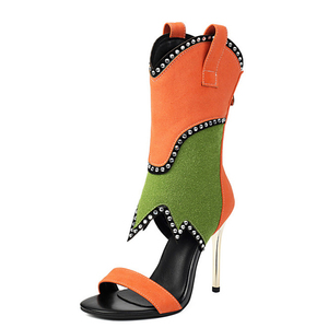 Sandales d'été à talons hauts et bout ouvert, patchwork, ornées de diamants, à bride unique, bottines courtes à fermeture éclair arrière pour femme, coupe large - Product Image 2