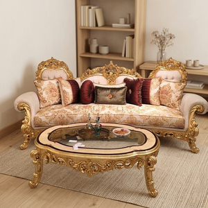 Teakwood Three Seater Antique <b>Gold</b> <b>Sofa</b> Set with Matching Table Handcrafted Foam Tufted Luxury Apartment Living Room Furniture - Product Image 2