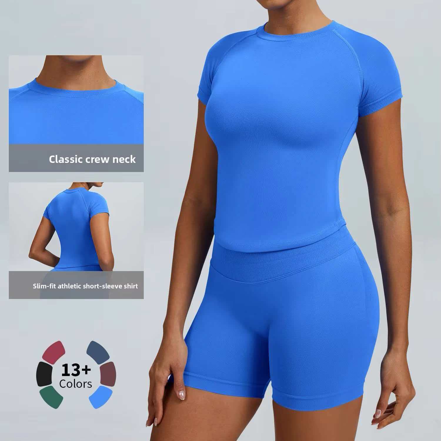 High Impact Short Sleeve Workout Top & Shorts Lightweight Workout Gym Crop Top Yoga Top Shirt Longline Stretch Shirts & Shorts