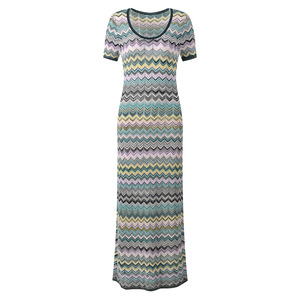 High Quality Colorblock Women Elegant and Casual O-neck Short Sleeve Striped Wavy <strong>Knitting</strong> Slim Fitted Long <strong>Dres</strong> - Product Image 1