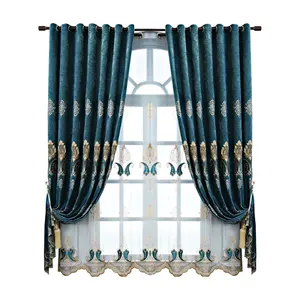Lujosa cortina bordada de chenilla europea, cortinas opacas bordadas listas para sala de estar y comedor