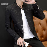 Blazer sin Cuello para Hombre ODM, Tejido Jacquard con Hilo Metálico Dorado, Azul Cobalto, Sin Solapas, Hombros Estructurados, Estilo Casual Elegante