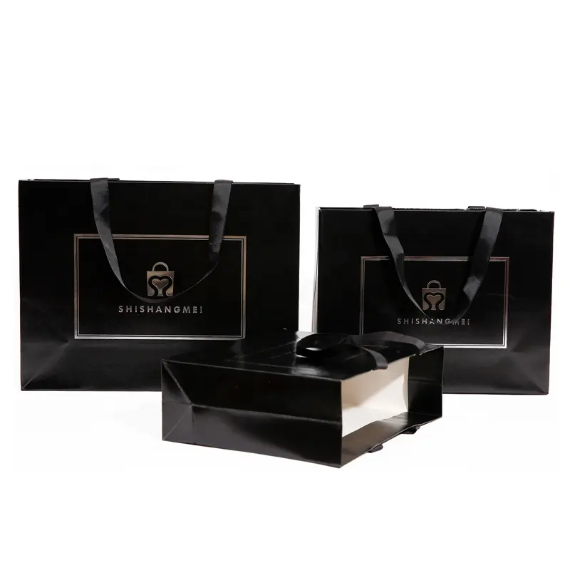Fita personalizada alças de fita sacos de presente personalizados, sacos de roupas marca de varejo de compras de luxo charmoso de papel com seu próprio logotipo