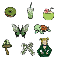 Broches en émail de dessin animé, collection couleur verte, motifs Donut, Hibiscus, Boisson, Nœud, pour sacs et chapeaux, conception personnalisée directe usine