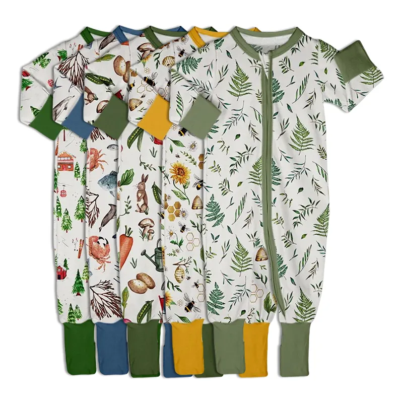 Organic baby rompers eco friendly baby bamboo pajamas sustainable zip baby sleepsuit newborn onesie custom print romper