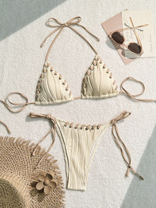 Conjunto de bikini triangular con cordones y textura, traje de baño de dos piezas con lazo lateral, traje de baño bohemio para mujer, traje de baño de verano para playa, venta al por mayor - Product Image 4