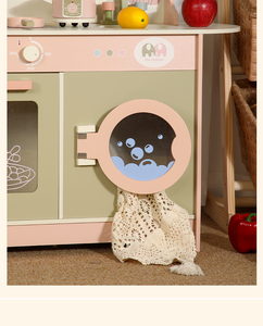 COMMIKI ahşap çocuklar pembe yeşil buzdolabı fırın lavabo çamaşır makinesi pişirme ve sebze yıkama oyuncak ile mutfak seti taklit - Product Image 4