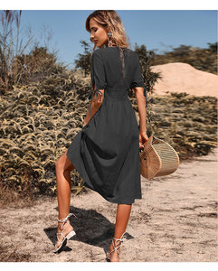 Negozio di abbigliamento vendi abito longuette scollo a V manica corta da donna abito estivo in lino di <span class=keywords><strong>cotone</strong></span> confortevole - Product Image 3