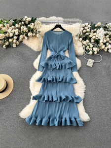 Abito Lungo da Sera <span class=keywords><strong>con</strong></span> Volant e Maniche Lunghe, Tessuto Solido, Vendita Calda del Produttore - Product Image 6