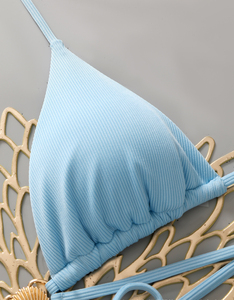 Conjunto de Bikini Azul Cielo para Mujer, Color Sólido, Detalle Metálico, Traje de Baño Sexy de Dos Piezas para Playa - Product Image 5