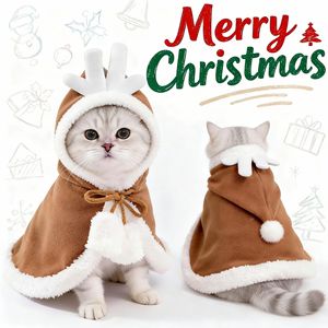 Capa de Reno Navideña para Gatos, Abrigo de Felpa Suave Estilo Dibujos Animados, Ropa para Mascotas para las Fiestas de Invierno, Marrón con Ribete Blanco - Product Image 1