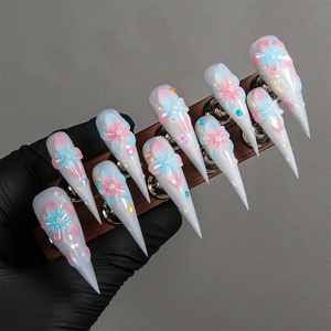 Uñas Postizas Hechas a Mano, Uñas Postizas Largas con Punta Francesa, Uñas Acrílicas Artificiales con Diseño Floral 3D, Reutilizables - Product Image 1