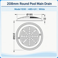 Drain de sol rond en ABS pour piscine GYDACO avec fonction de nettoyage de l'eau, 208 mm, blanc, garantie 1 an, modèle 1030