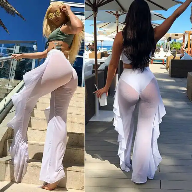 mujeres playa malla transparente bikini cover up traje de baño pantalones  alta cintura ruffles playa pantalones