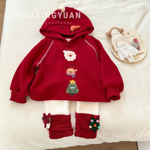 Christmas Baby Girls Hooded Sweatshirt Set Thick Fleece Lined Winter Outfit Red Santa Design With Matching Leg Warmers - Product Image 1