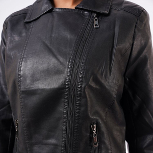 Chaqueta de Cuero PU para Mujer, Color Negro, Estilo Moderno, Cuello Camisero, Cierre de Cremallera - Product Image 4