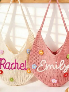 Borsa da Spiaggia Personalizzata con <span class=keywords><strong>Nome</strong></span> Ricamato, Borsa a Tracolla Traforata all'Uncinetto per Donne, Borsa Shopping Intrecciata per Vacanze al Mare - Product Image 5