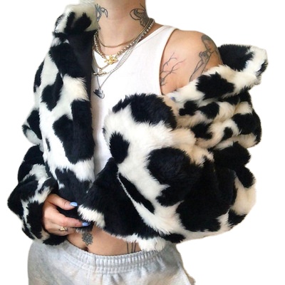 Autumn and winter new black and white polka dot plush loose high collar cardigan Autumn Faux Fur Coat jacket female