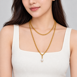 สร้อยคอประดับมุกยาว สแตนเลสสตีล ชุบทอง 14K แบบสุญญากาศ ลายขัดเงา ความยาว 90 ซม. - Product Image 4