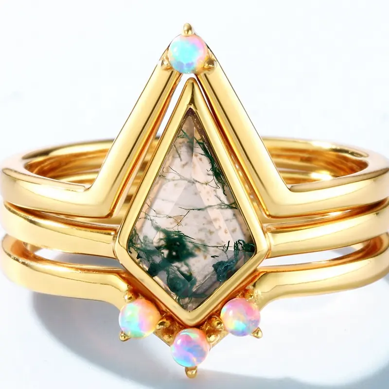 Minimalist Style Real Silver Plain Ring 18k Gold Plated Simple Rhombus Shape Moss Agate Gemstone Ring Set