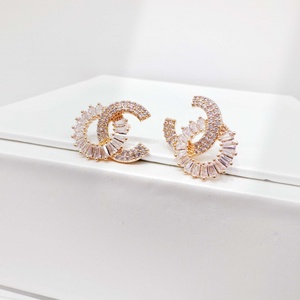 wholesale plata 925 sterling silver rose gold party earring western women Baguette Cut cubic zirconia <b>Letter</b> C Stud Earrings - Product Image 3