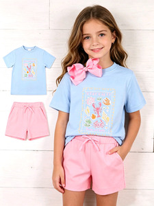 Custom Casual Spring Autumn Stay Salty Print Cotton Spandex Worsted Kids Scallop Edge T-Shirt Shorts 2 Pieces Outfits <b>Sister</b> - Product Image 1