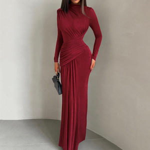 Y2400 Nuovo <span class=keywords><strong>Abito</strong></span> Autunno-Inverno da Donna, Moda Tinta Unita, Collo Tondo Plissettato, Aderente, Maniche Lunghe, Elegante - Product Image 3